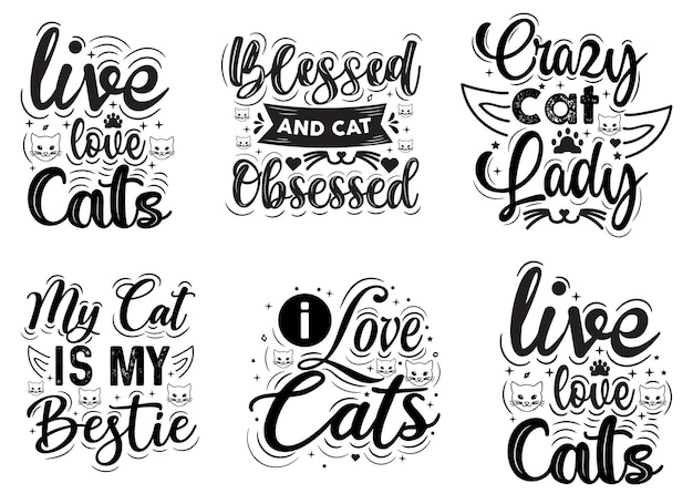 Satz handgezeichnete typografie-zitate der katze, die illustration für karten, tassen, t-shirts usw. beschriften