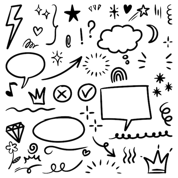 Satz handgezeichneter Doodle-Elemente für Konzeptdesign, isoliert auf weißer Hintergrundvektorillustration