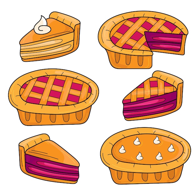 Satz handgezeichneter Torten-Cartoon-Stil auf weißen Beeren- und Kürbiskuchen