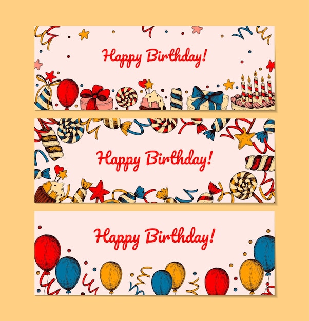 Satz Happy Birthday-Grußkarten. Handgezeichnetes Design