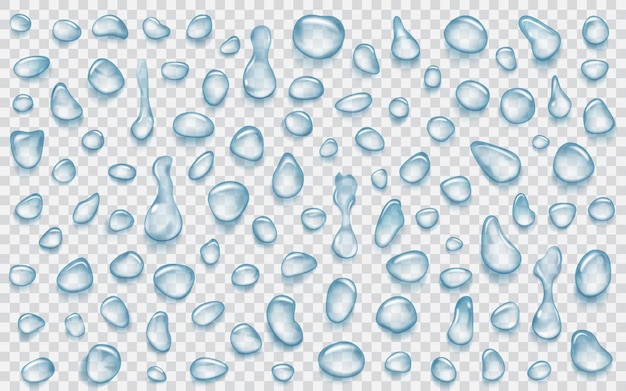 Satz hellblaue durchscheinende Wassertropfen verschiedener Formen mit Schatten auf transparent