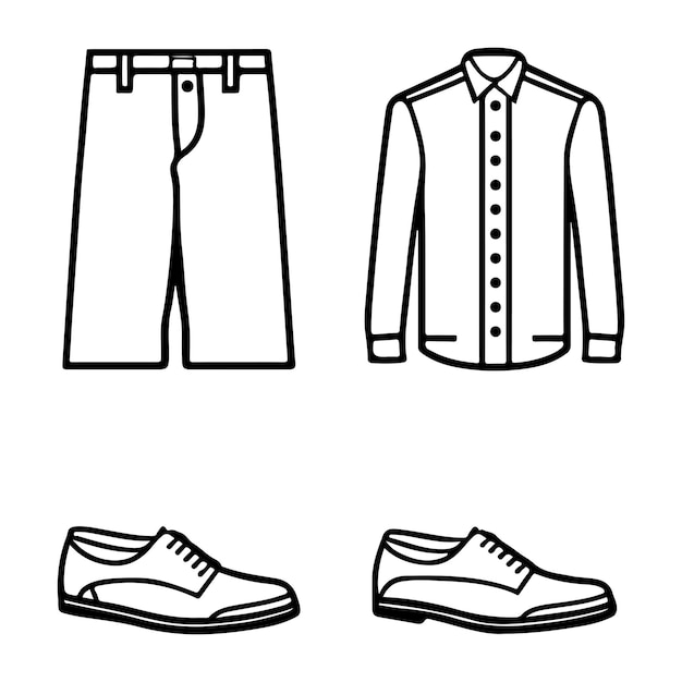 Satz Hemd, Hose, Schuhikonen-Flachvektor. Shirt-Symbol. Suite-Symbol. Hose-Symbol. Schuhe-Symbol