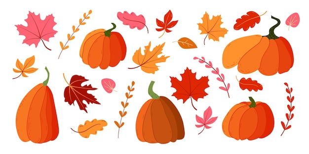 Satz Herbstblätter und Kürbisse im flachen Stil