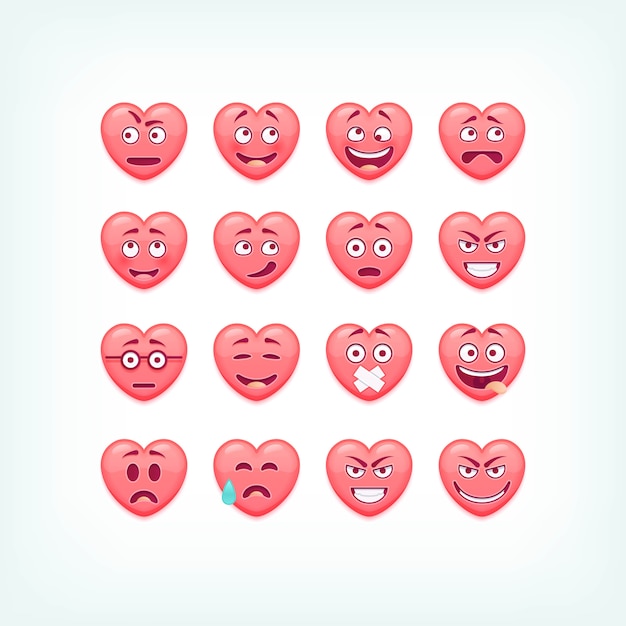 Satz Herzform Emoticons. Romantiker und Valentinstag Smileys, Emojies.