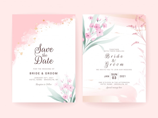 Satz Hochzeitseinladungsschablone mit abstrakten Formen und Blumenrand.