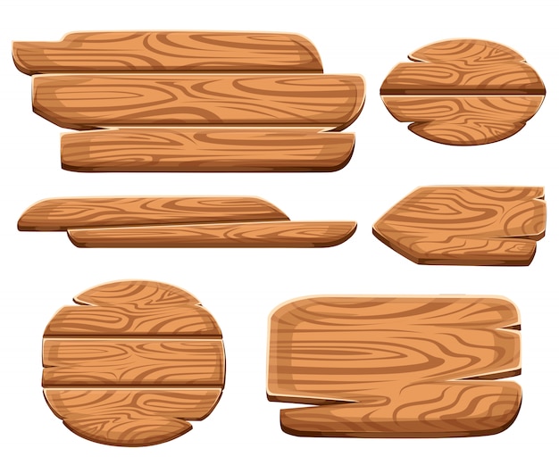 Satz holztafeln im karikaturstil. holzschildsammlungen. holzschild alte straßenplanken gesetzt. auf weißem hintergrund.