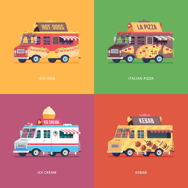 Vektor satz illustrationen des imbisswagens. moderne konzeptkompositionen für hot dog, italienische pizza, eiscreme und kebab-lieferwagen.