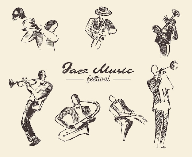 Satz illustrationen eines jazzmusikers, vintage-hand gezeichnet, skizze