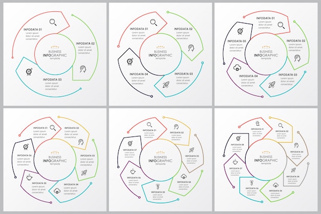 Vektor satz infografik dünne linie design mit kreisförmigen pfeilen. kann für fahrraddiagramme, grafiken, präsentationen und rundkarten verwendet werden. geschäftskonzept mit 4 optionen, teilen, schritten oder prozessen.