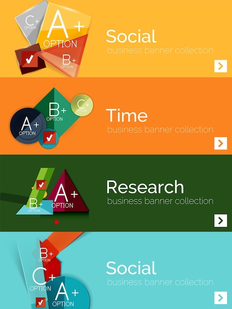 Satz infographic flache Designfahnen mit geometrischem Diagramm Auch im corel abgehobenen Betrag