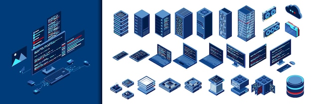 Satz isometrischer Computertechnologie Isometrische Set-Server-Ausrüstung Modernes Technologiekonzept für Cloud-Computing Isometrische Technologie
