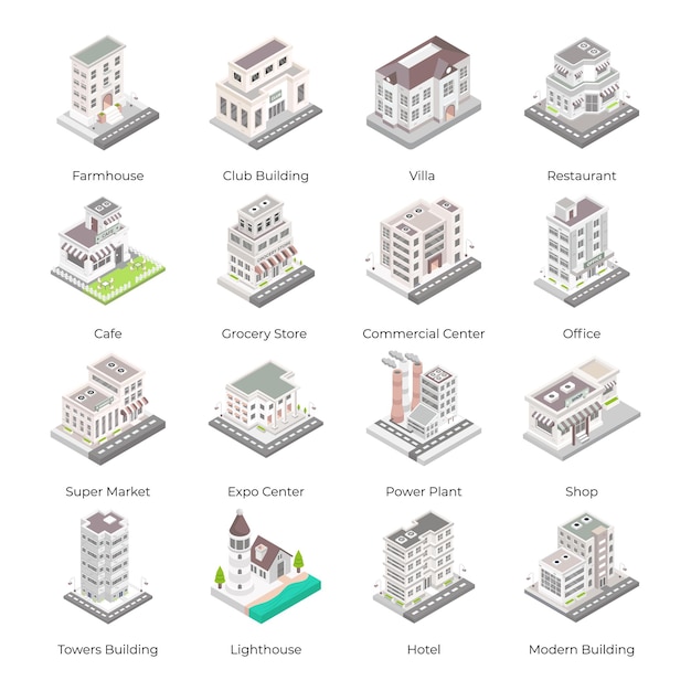 Satz isometrischer symbole für städtische gebäude