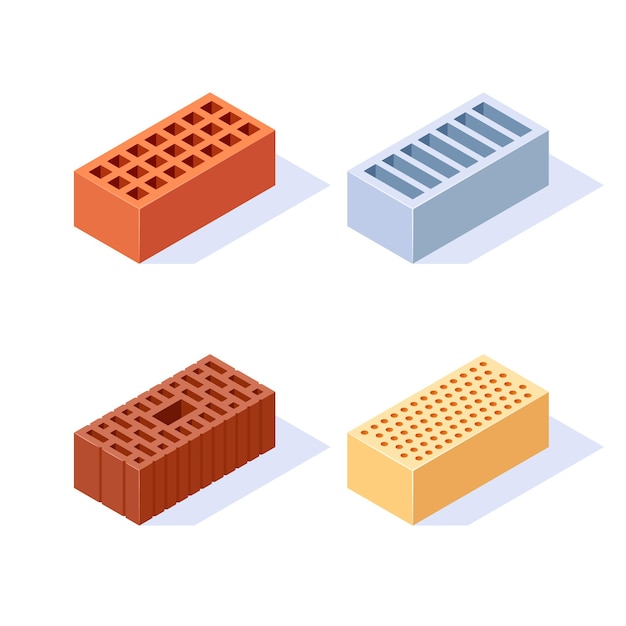 Vektor satz isometrischer ziegelstein-satz von 3d-bausteinen in der flachen artillustration