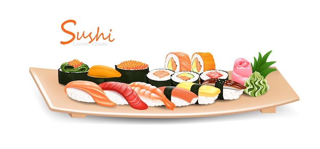 Satz japanisches traditionelles sushi-essen mit unterschiedlicher art auf holzplattenvektorillustration