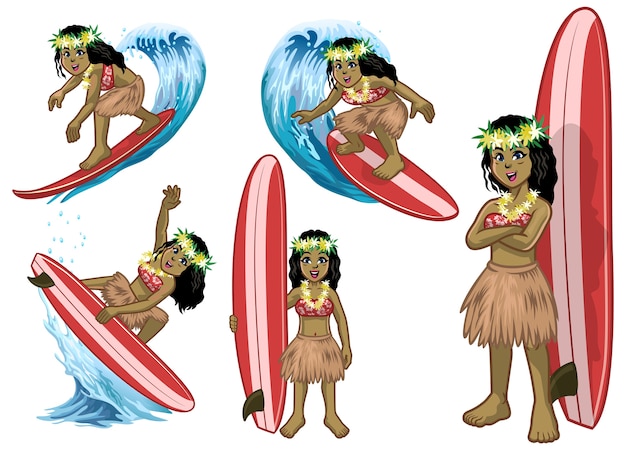 Satz karikatur schönes hawaiianisches surfermädchen