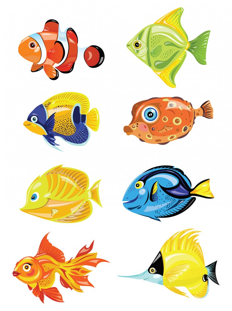 Satz Karikaturfisch. Sammlung von niedlichen farbigen Fischen. Meeresbewohner.