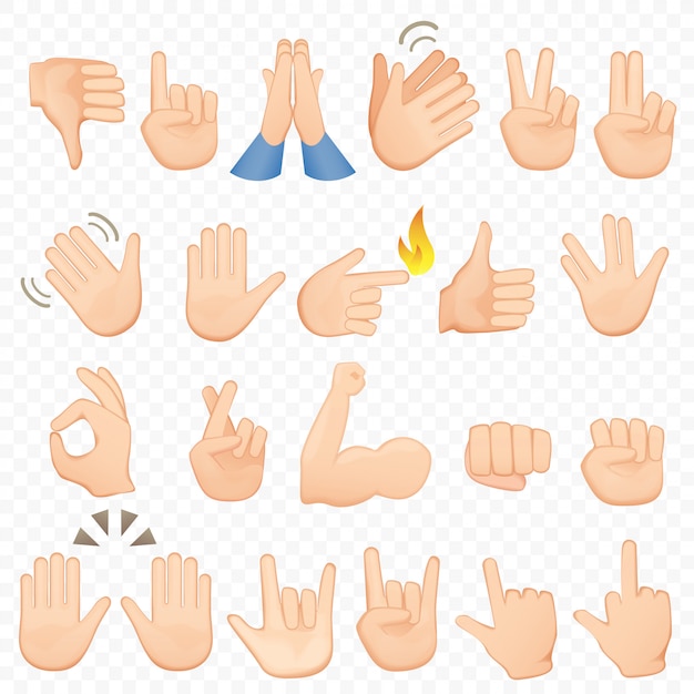 Satz karikaturhände symbole und symbole. emoji hand icons. verschiedene hände, gesten, signale und zeichen, illustrationssammlung