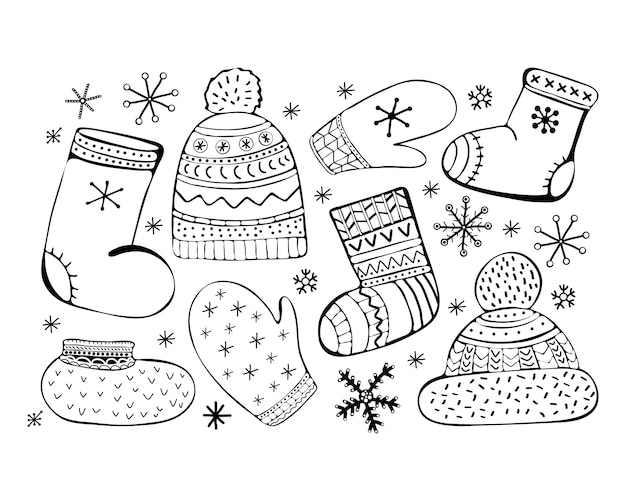 Vektor satz karikaturillustrationszubehör. winterikonen. socken, eine mütze mit pompon, fäustlinge, valenki, schuhe. winterkleidung. hand gezeichnetes schwarzweiss-set.