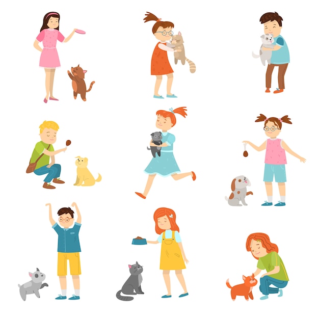 Satz Kinder mit lustiger niedlicher Haustierillustration