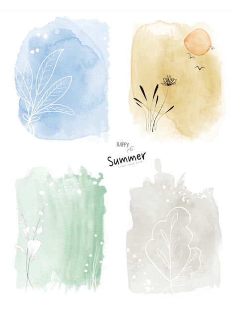 Satz Kunstsommeraquarell und Gekritzel handgemalter Hintergrund