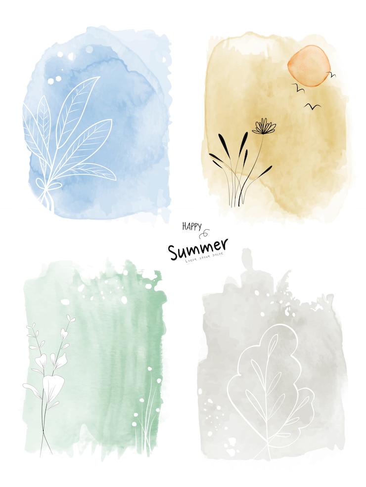 Satz Kunstsommeraquarell und Gekritzel handgemalter Hintergrund