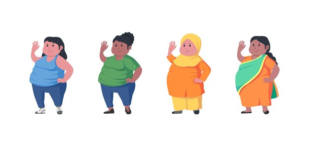 Satz kurviger, verschiedener frauen, fettleibige gewichtsskala, fettleibigkeit, übergewicht, große plus-size-illustrationsfigur