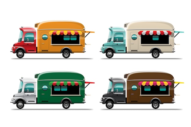 Satz lebensmittel-lkw-straßenlebensmittel- und fastfood-liefertransport, bunt auf weißem hintergrund, illustration