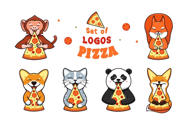 Vektor satz lebensmittellogos mit tieren, die pizza essen