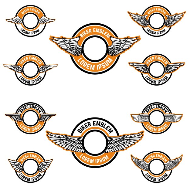 Satz leere embleme mit flügeln. etikettenvorlagen für biker club, racer community. illustration