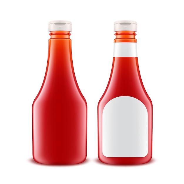 Satz leere glasplastik-rote tomaten-ketchup-flasche