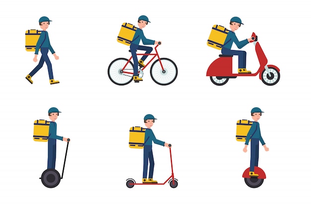 Satz lieferbote zu fuß, roller, fahrrad, einrad, segway. stock vektor-illustration im flachen design.