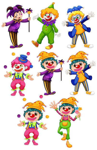 Satz lustige clowns in verschiedenen kostümen