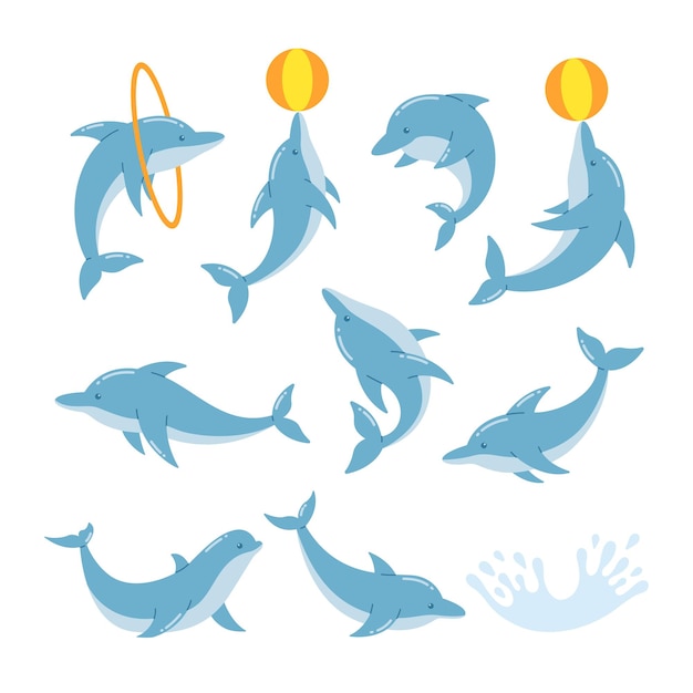 Satz lustige Delphine springen und schwimmen Vektorillustration