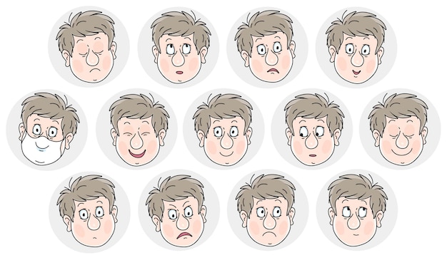 Satz lustige Emoticons eines optimistischen und fröhlichen Jungen mit lächelnden traurigen und vielen anderen Gesichtern mit verschiedenen Emotionen Vektor-Cartoon-Illustrationen auf weißem Hintergrund