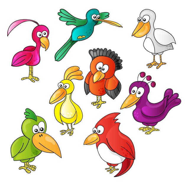 Satz lustige süße Vögel der Karikatur auf weißem Hintergrund