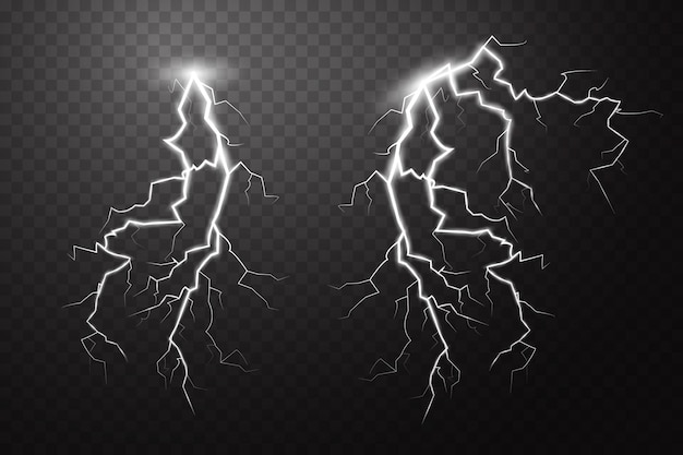 Vektor satz magischer und heller lichteffekt des blitzes gewitter mit blitzen und wolken vektor-illustration entladen von elektrischem strom laden von aktuellen naturphänomenen