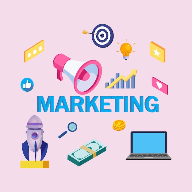 Satz Marketingikonenkonzept Flacher Vektor Marketing mit Megaphon und Geschäftssymbol