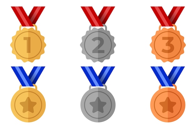 Satz Medaillen-Symbol Gold-Silber-Bronze-Metall realistisches Abzeichen mit erster, zweiter, dritter Platzierung Medaille mit Bandvektorillustration