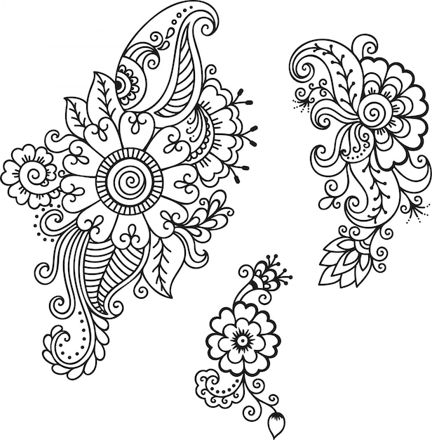 Vektor satz mehndi blumenmuster. dekoration im ethnisch orientalischen, indischen stil. gekritzelverzierung. umriss handzeichnung illustration.