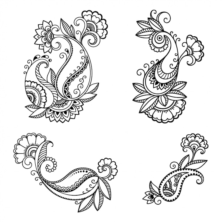 Vektor satz mehndi-blumenmuster für henna-zeichnung. dekoration im ethnisch orientalischen, indischen stil. gekritzelverzierung. handzeichnung skizzieren.