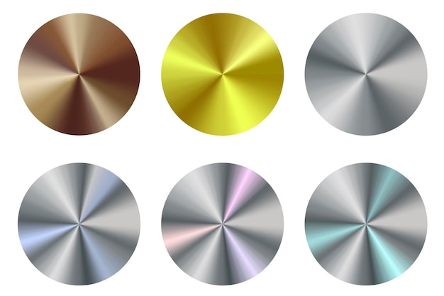 Satz Metallkreise Stahlknöpfe Gebürstete Texturen aus Gold, Silber und Bronze Radiale Metallformen Vektorbild