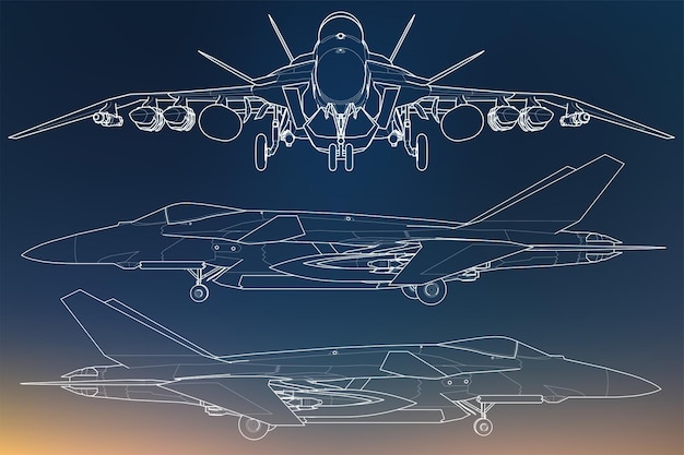 Satz militärische Düsenjäger-Silhouetten. Bild von Flugzeugen in Konturzeichnungslinien