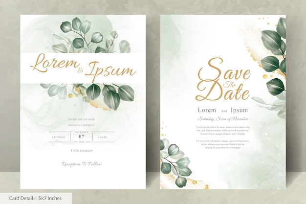 Satz minimalistischer Hochzeitseinladungskartenvorlage mit grünem Eukalyptus-Arrangement