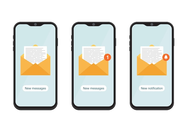 Satz mobiltelefone mit nachrichtenbenachrichtigungen. neue eingehende nachricht auf dem smartphone-bildschirm.