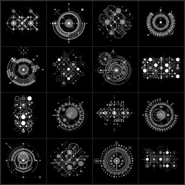 Satz modularer grauer Bauhaus-Vektorhintergründe, erstellt aus geometrischen Figuren wie Kreisen und Linien. Ideal für den Einsatz als Werbeplakat oder Bannerdesign. Abstrakte mechanische Schemata.