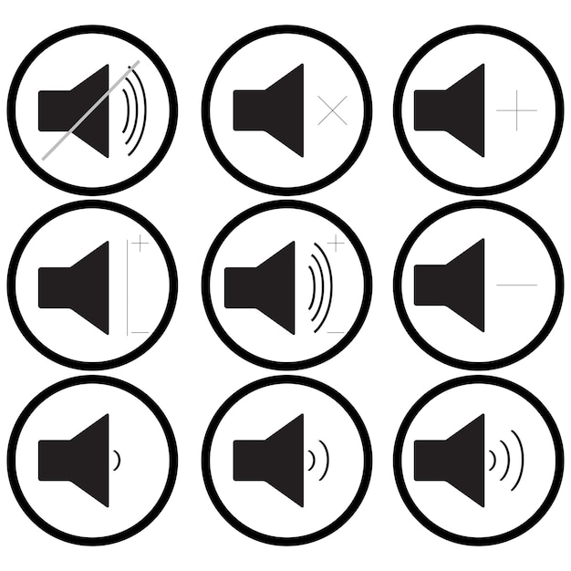 Vektor satz monochromer soundsymbole audio- und multimedia-soundsteuerungslautstärke vektorillustration