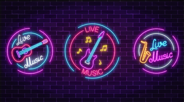 Satz neon-live-musiksymbole mit kreisrahmen. drei live-musikschilder mit gitarre, saxophon, noten.