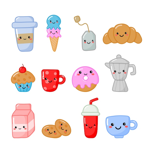 Satz nette lustige Frühstücksnahrung und Getränke kawaii Artikonen lokalisiert