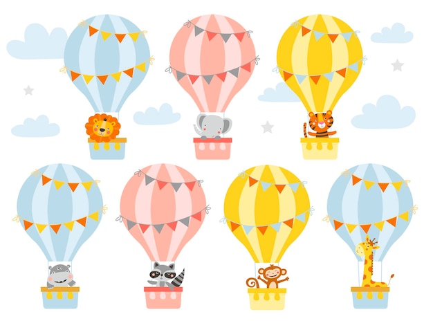 Satz nette Tiere in einer Heißluftballon-Vektorillustration