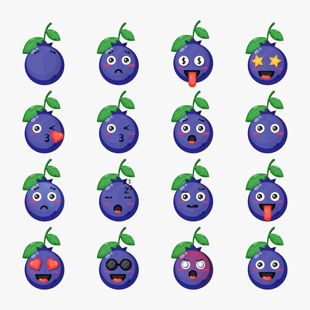 Satz niedliche blaubeeren mit emoticons